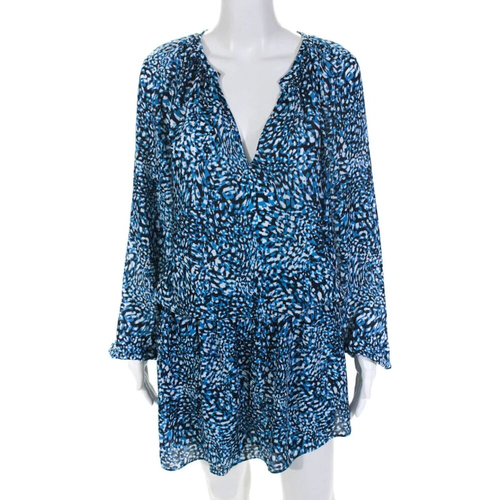 Ramy Brook Printed Landa Blue Animal Print Long Sleeve Short Dress - Small